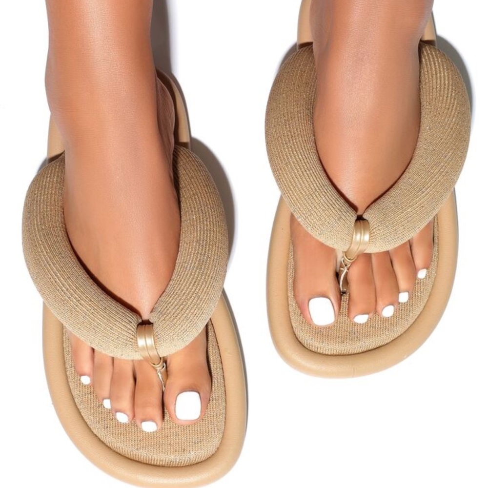 Golden Glittery Thick Chunky Slides Thong Sandals Spa Pedi Boho Beachy Pool